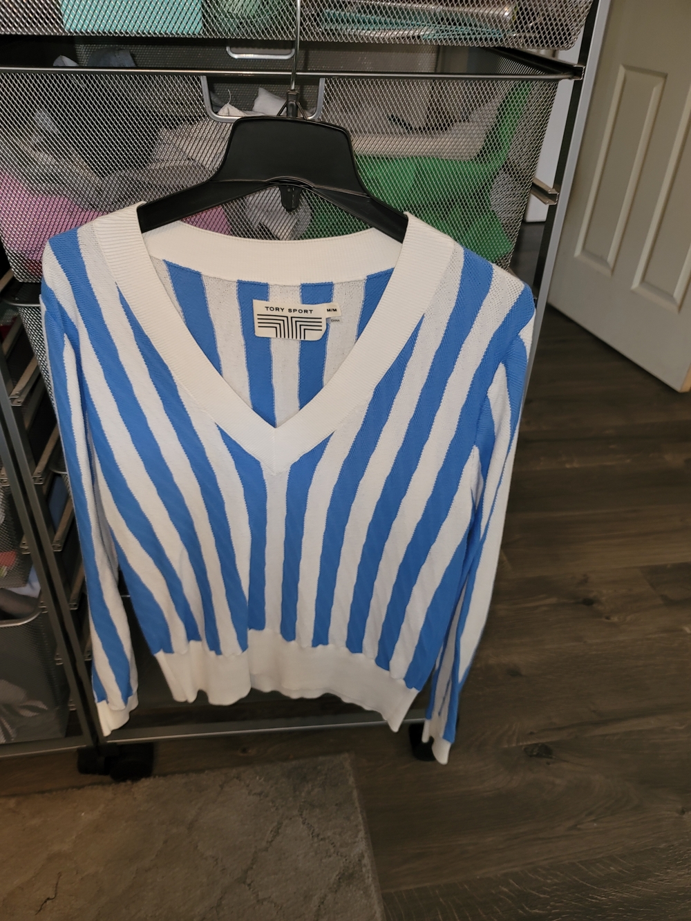 Tory Sport White and Bright Blue Striped V-Neck Sweater